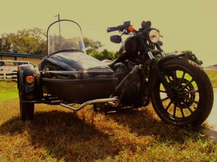 A black harley davison motorcycle with a sidecar parked on grass, surrounded by trees and a blue structure in the background.