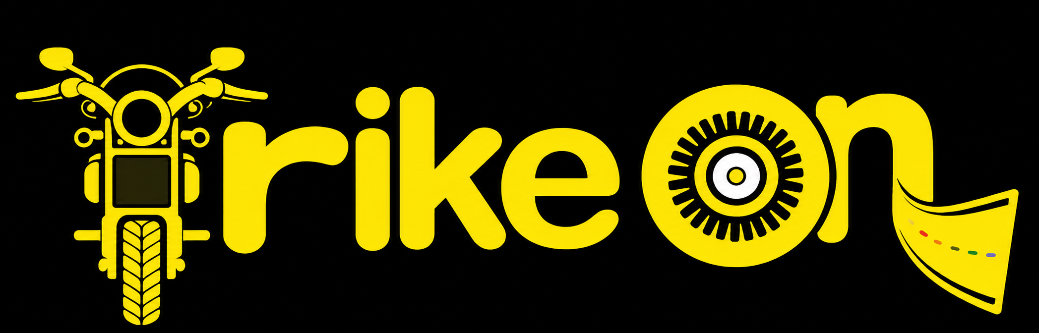 Logo of word Trike On in yellow with motorcycle attributes